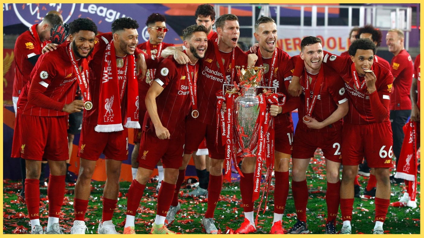 Liverpool players celebrate with the Premier League trophy in 2020