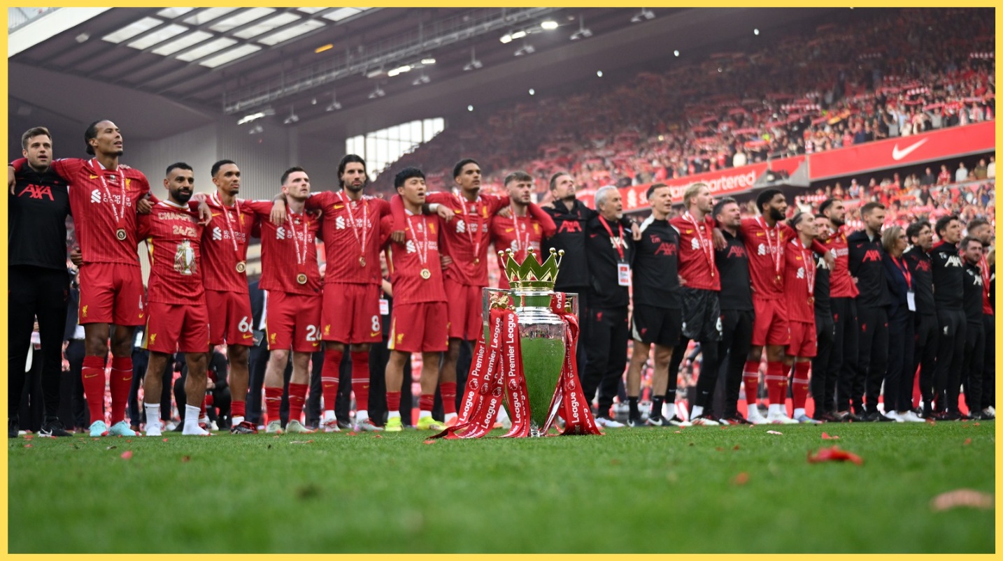 Liverpool players sing You'll Never Walk Alone after being presented with the Premier League trophy
