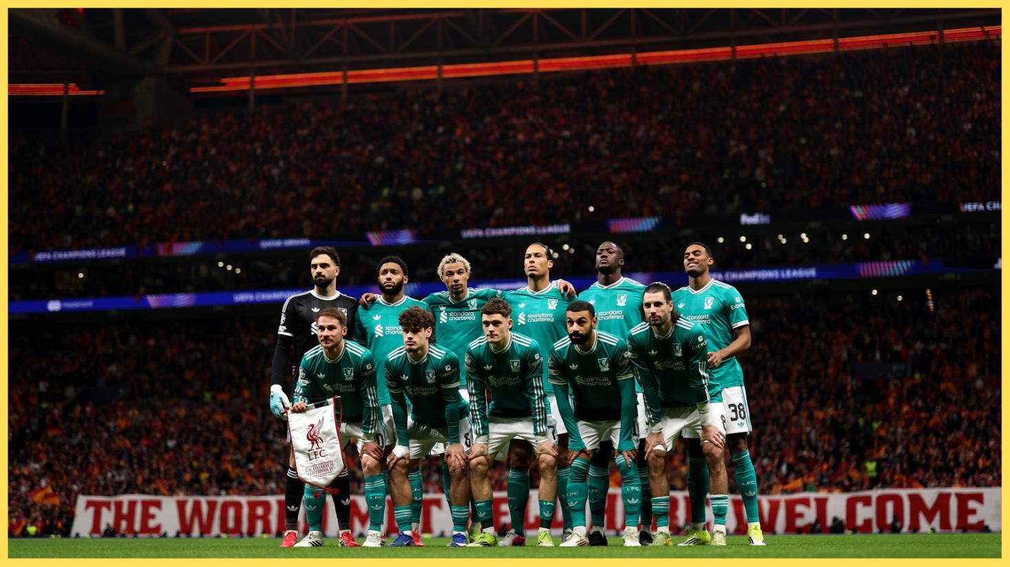 Liverpool players pose for a team photo before their match against Galatasaray