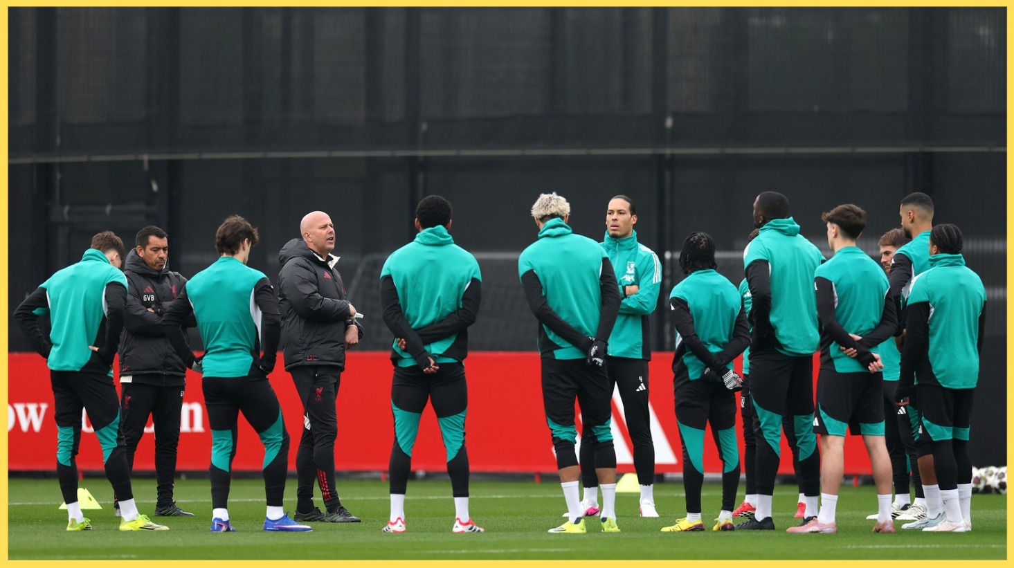 Arne Slot addresses his Liverpool players during a training session
