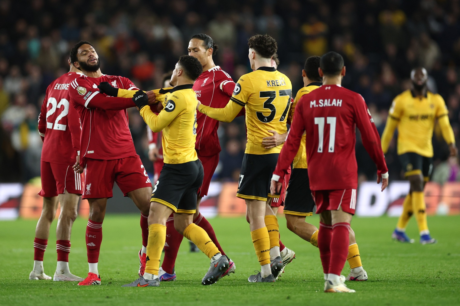 Liverpool and Wolves players square up to one another at Molineux 