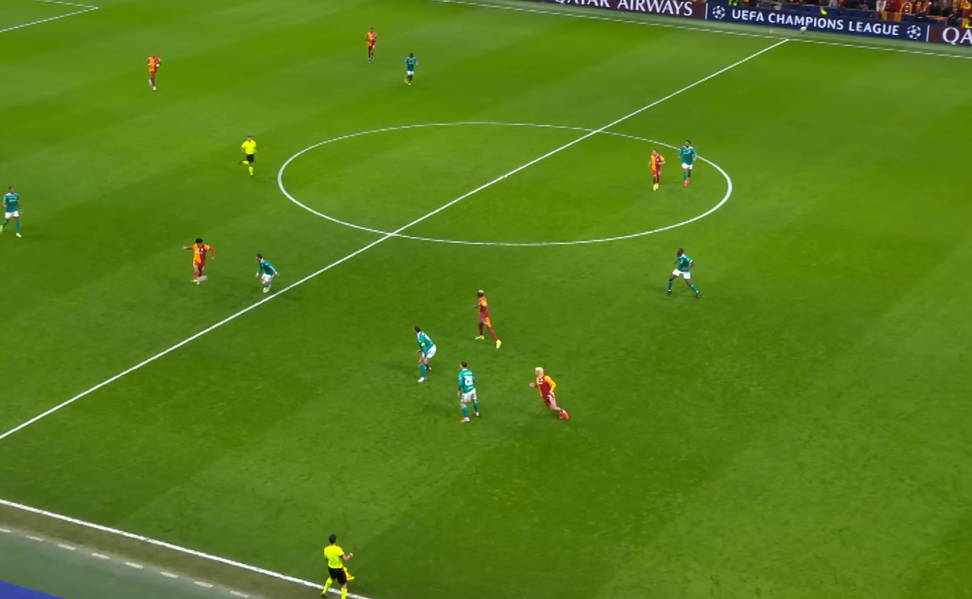 Baris Alper Yilmaz is in an offside position before running towards the ball (but not touching it) from Gabriel Sara's pass