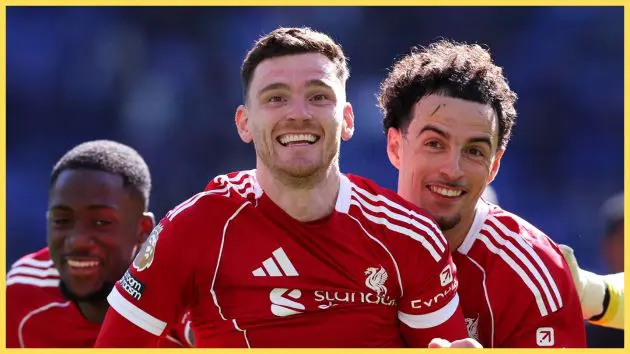 Konate and Jones push Andy Robertson during Liverpool game.