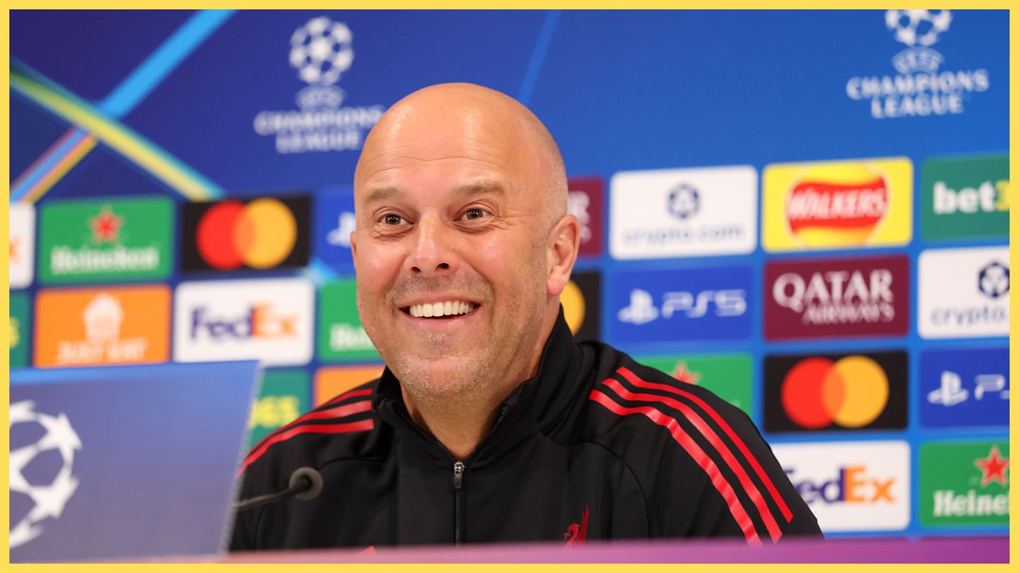 Arne Slot smiles during Liverpool press conference.