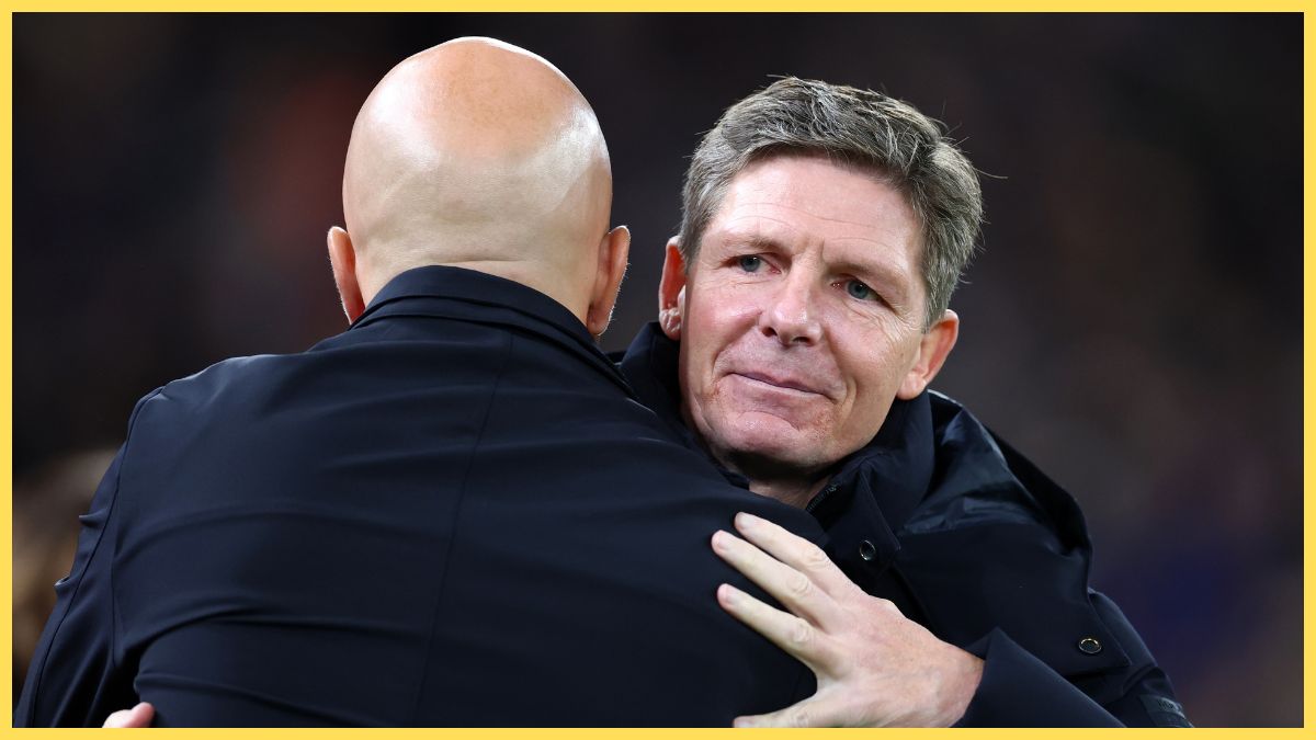 Arne Slot, Manager of Liverpool embraces Oliver Glasner, Manager of Crystal Palace before the Carabao Cup Fourth Round match between Liverpool and Crystal Palace at Anfield