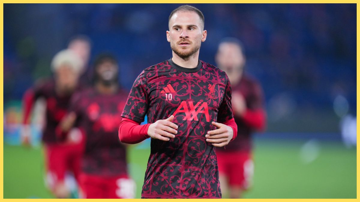 Alexis Mac Allister of Liverpool looks on prior to the UEFA Champions League 2025/26 Quarter-Final First Leg match between Paris Saint-Germain FC and Liverpool FC at Parc des Princes