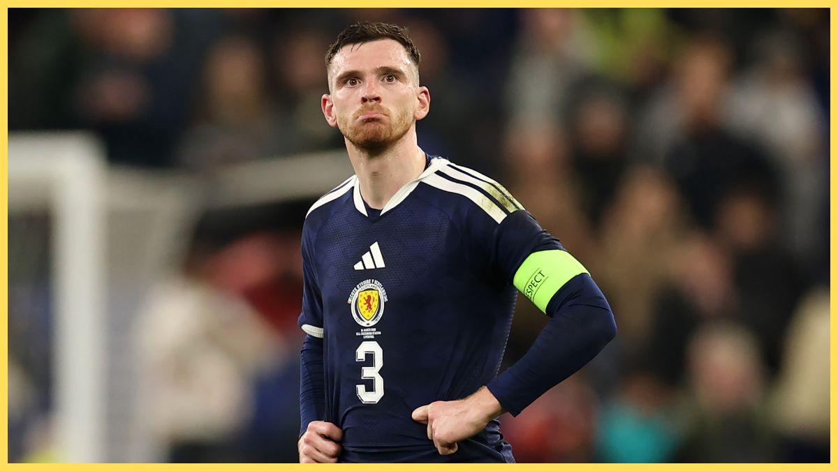 Andy Robertson of Scotland reacts following a loss in the international friendly match between Scotland and Ivory Coast at Hill Dickinson Stadium on March 31, 2026 in Liverpool