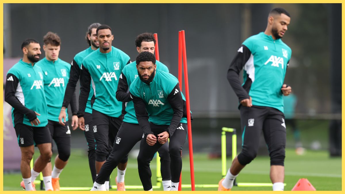 Gomez and teammates exercise during a training session of Liverpool FC ahead of the UEFA Champions League match between Liverpool FC and Real Madrid at AXA Melwood Training Centre