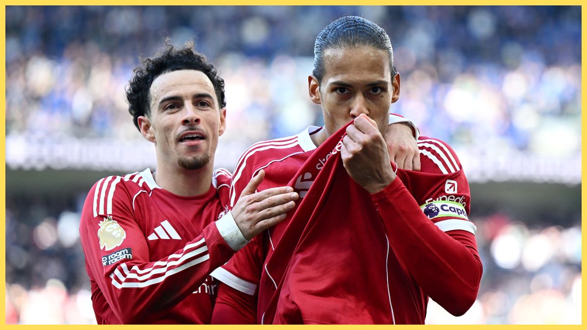 Virgil van Dijk of Liverpool celebrates scoring his team's second goal with teammate Curtis Jones during the Premier League match between Everton and Liverpool at Hill Dickinson Stadium