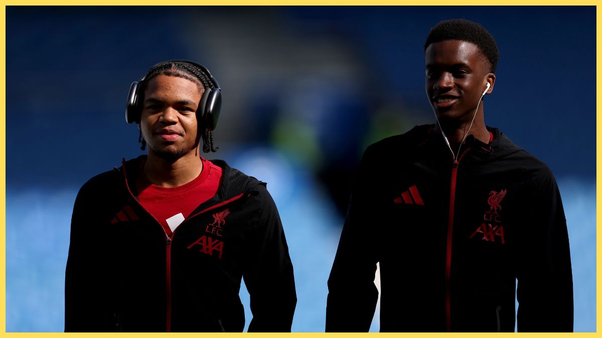 Rio Ngumoha and Trey Nyoni of Liverpool inspect the pitch prior to the Premier League match between Brighton & Hove Albion and Liverpool