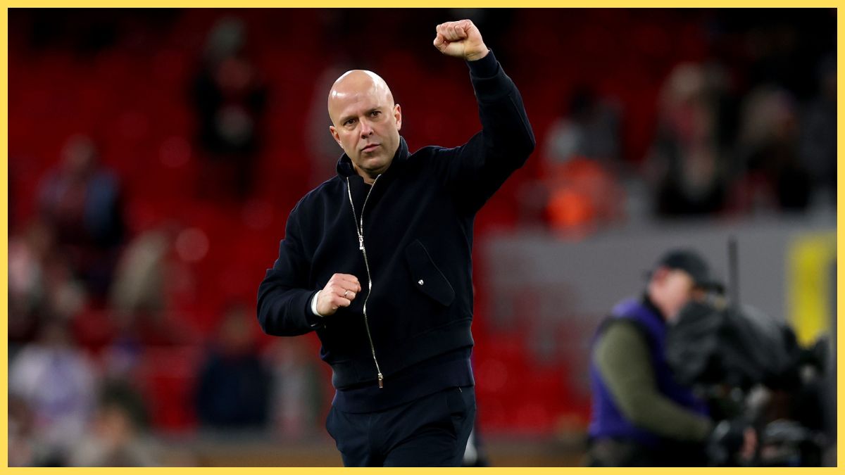 Arne Slot, Manager of Liverpool, celebrates his teams victory following the Emirates FA Cup Fourth Round match between Liverpool and Brighton & Hove Albion at Anfield