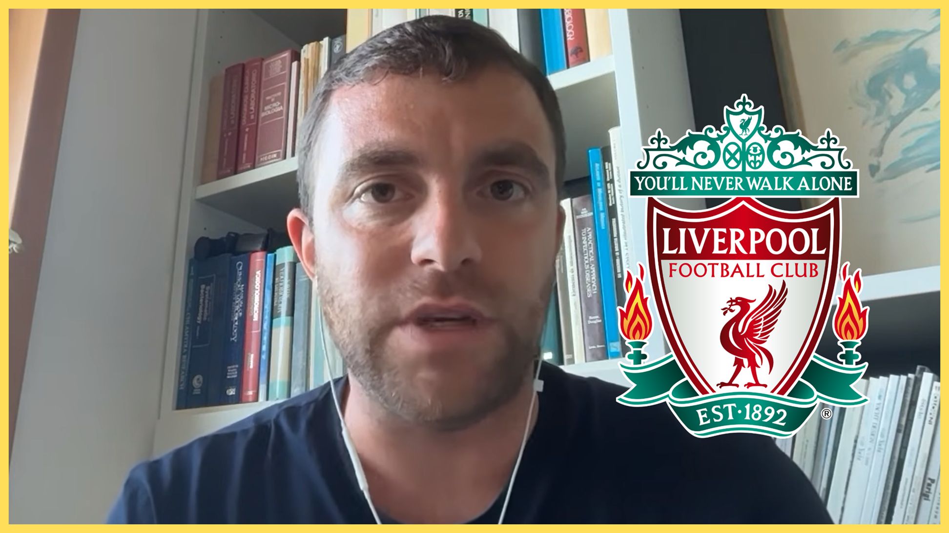 Fabrizio Romano speaks next to Liverpool club crest.