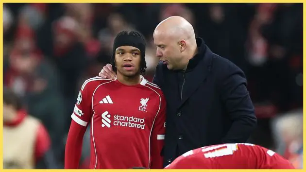 Arne Slot puts his arm around Rio Ngumoha during Liverpool game.