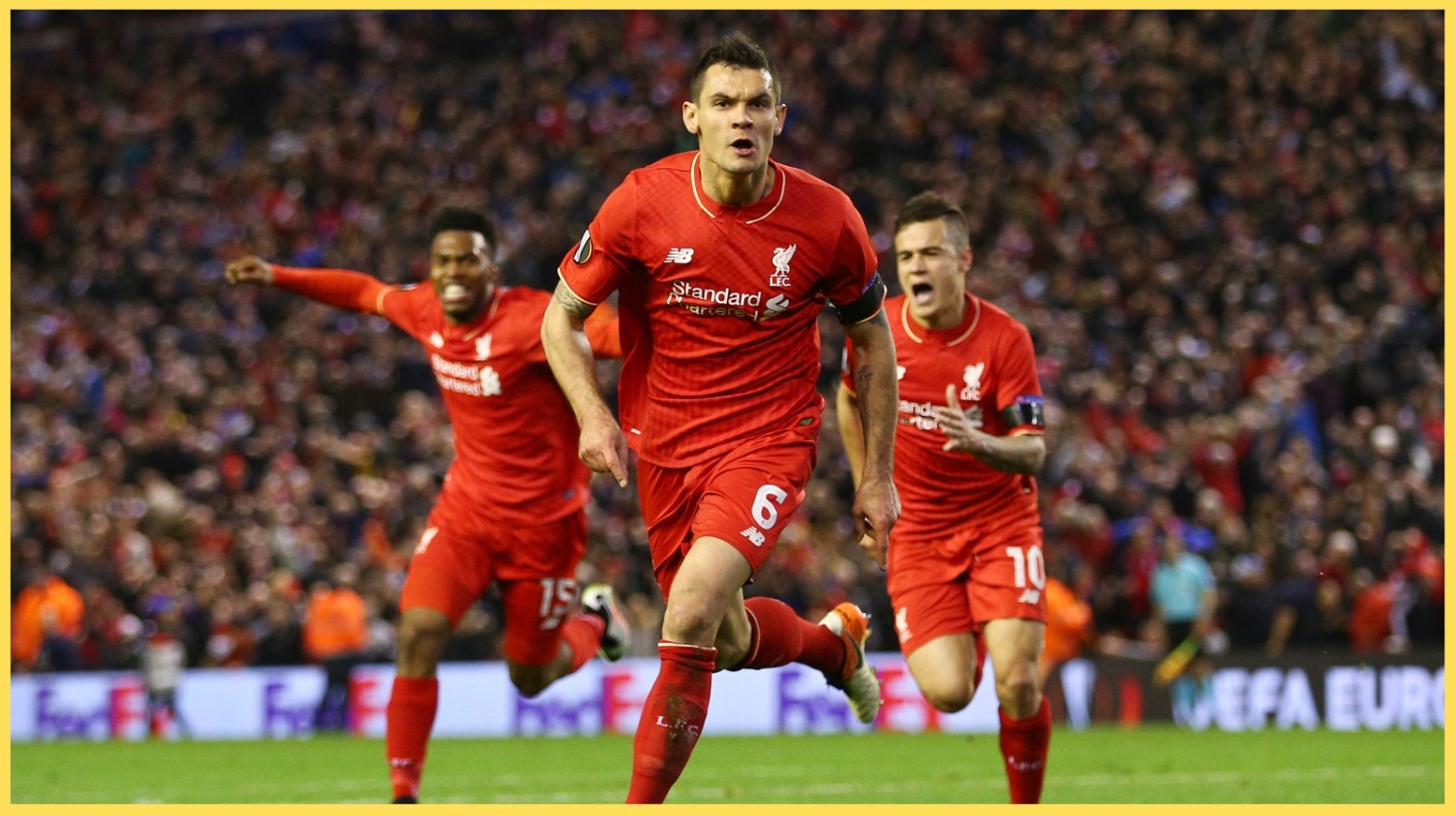 Dejan Lovren celebrates his legendary winner against Borussia Dortmund in 2016