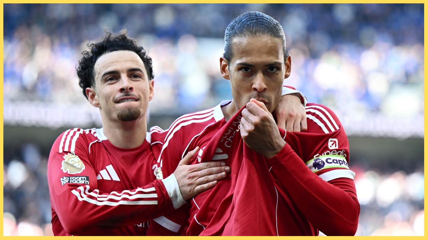 Curtis Jones celebrates with Virgil van Dijk after the latter's Merseyside derby winner