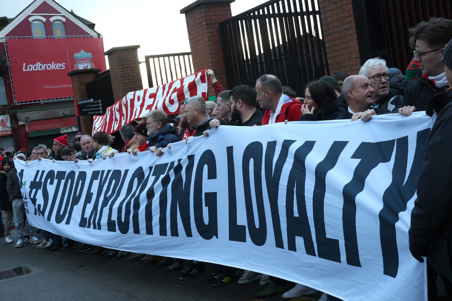 Liverpool fans protest about ticket prices outside Anfield before the home game against Manchester City in December 2024