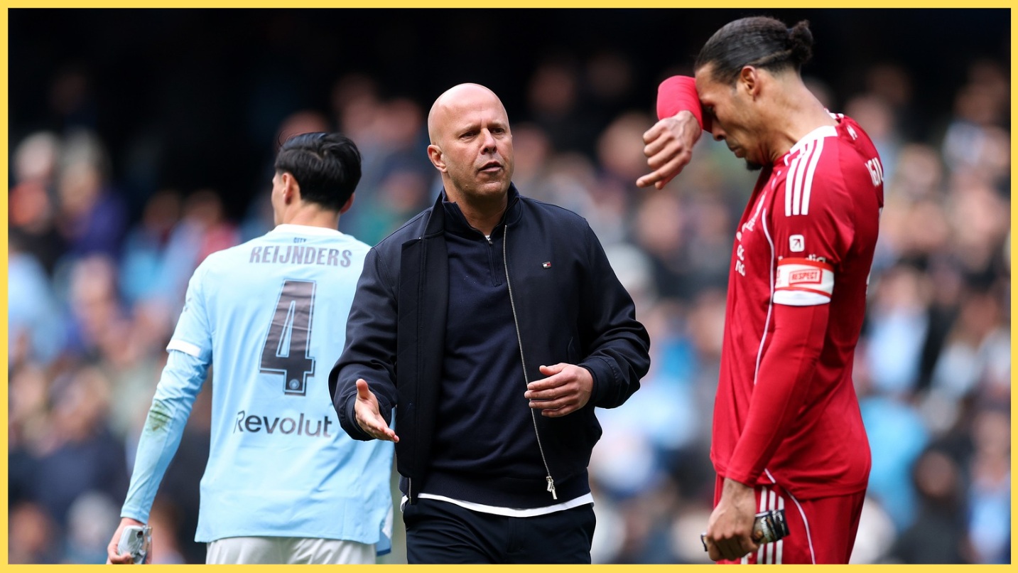 Arne Slot and Virgil van Dijk react as Liverpool exit the FA Cup to Manchester City