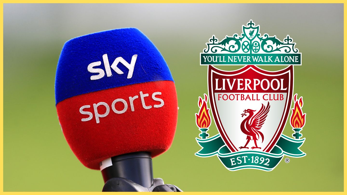 Sky Sports microphone stands next to Liverpool club crest.