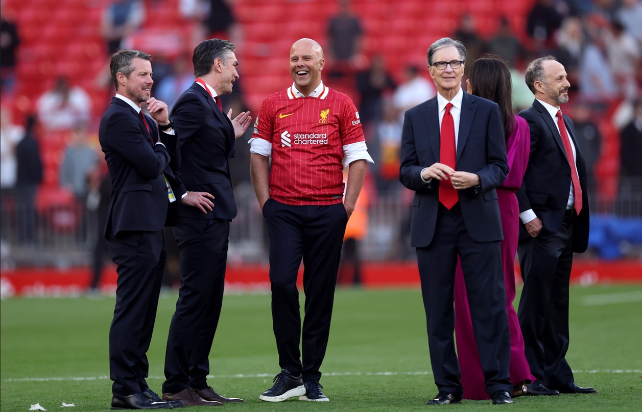 Michael Edwards, Richard Hughes, Arne Slot and John Henry pictured after Liverpool won the Premier League in 2025