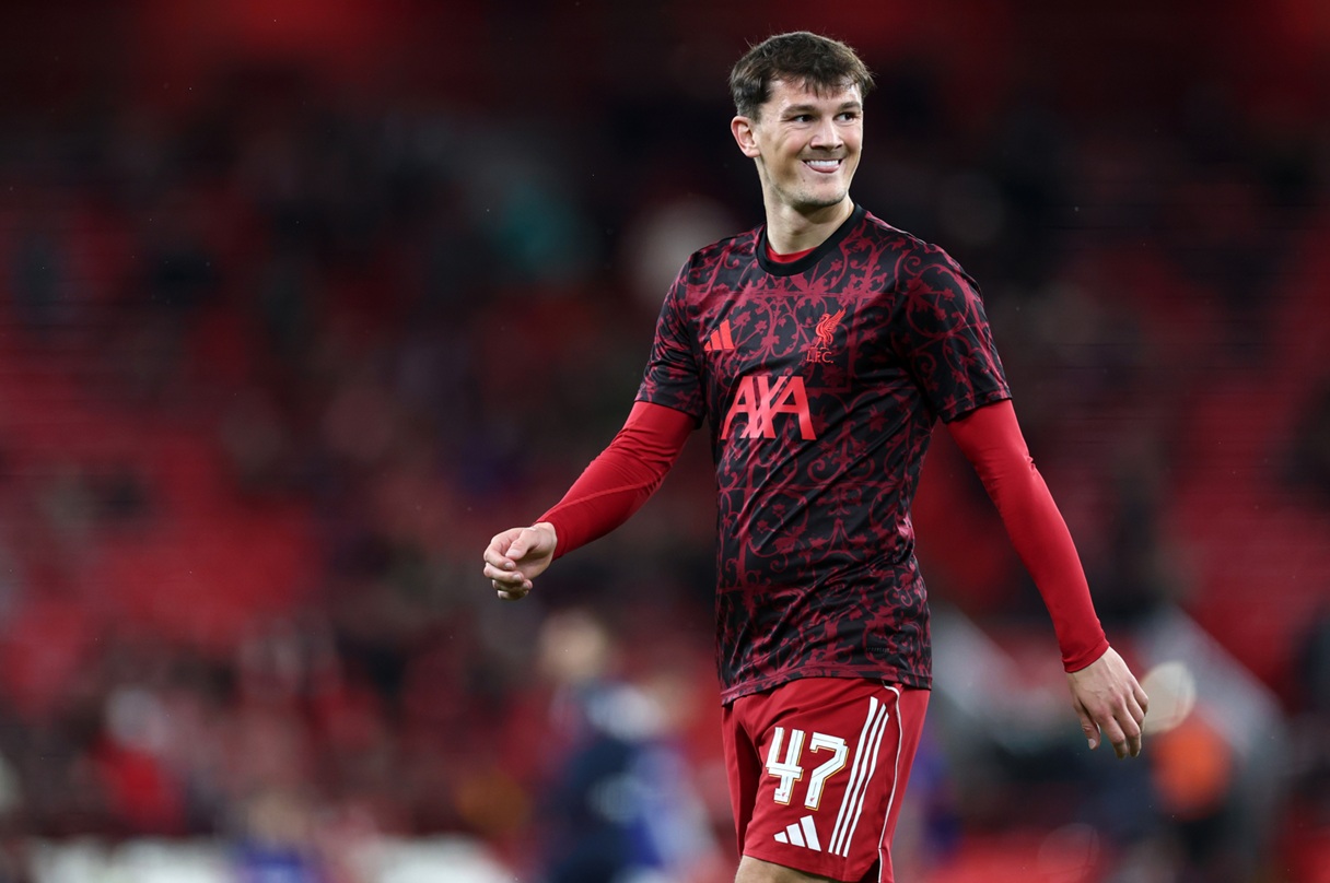 Calvin Ramsay pictured during the pre-game warm-up for Liverpool