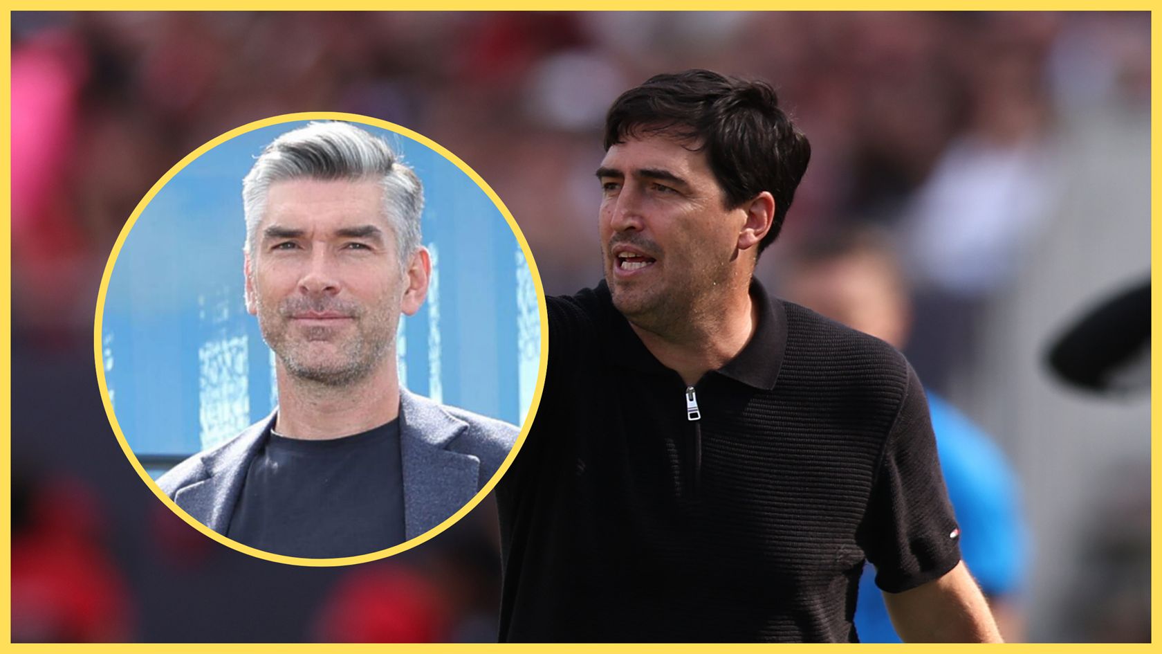 Liverpool head coach Andoni Iraola shouts and points in front of Richard Hughes.