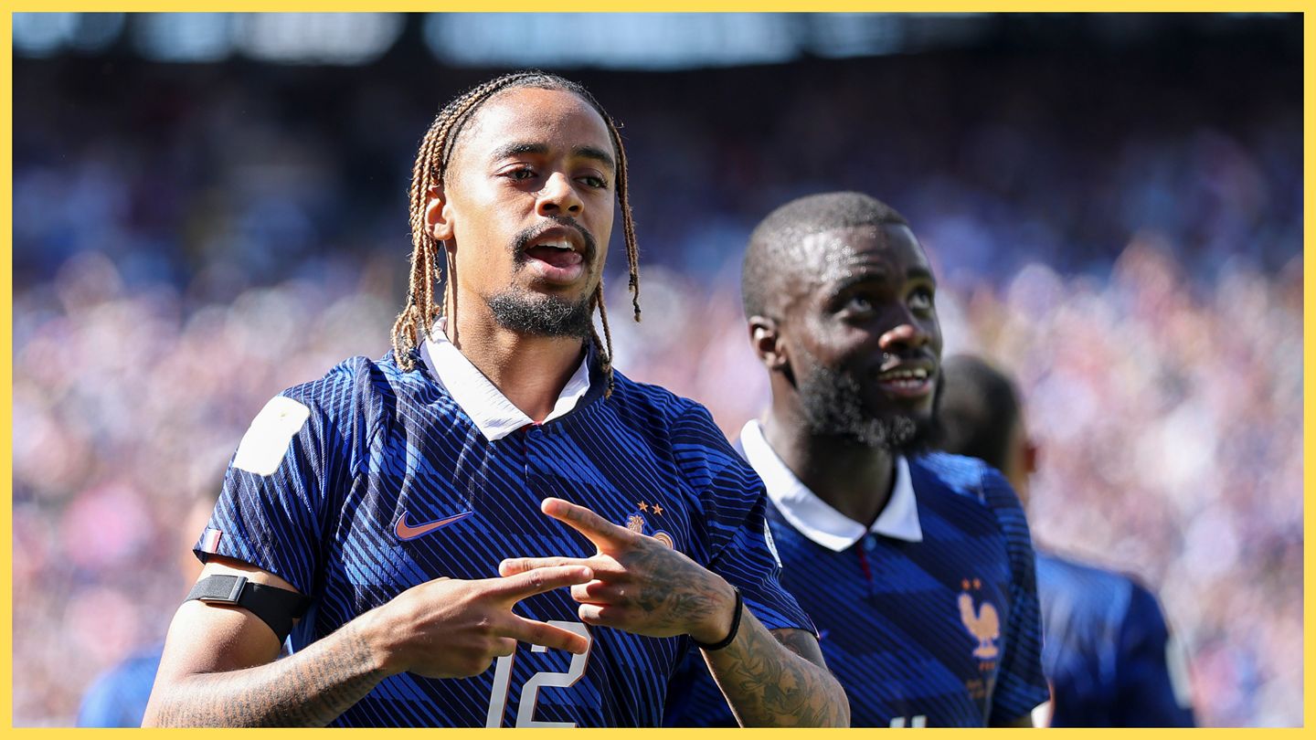 Liverpool transfer target Bradley Barcola makes hand gesture in celebration of goal for France.