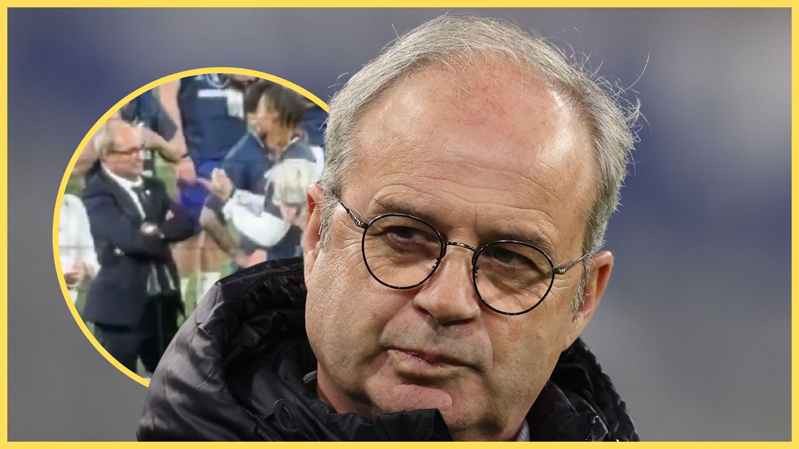 PSG sporting director Luis Campos looks on next to picture of Bradley Barcola.