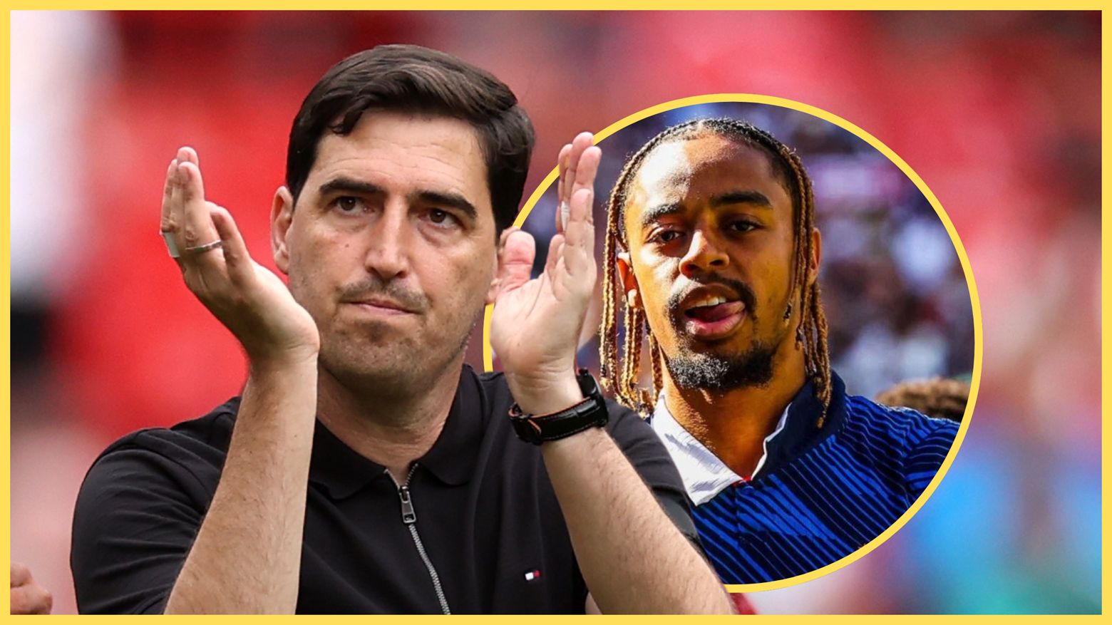 Liverpool manager Andoni Iraola claps his hands as PSG winger Bradley Barcola licks his lips.