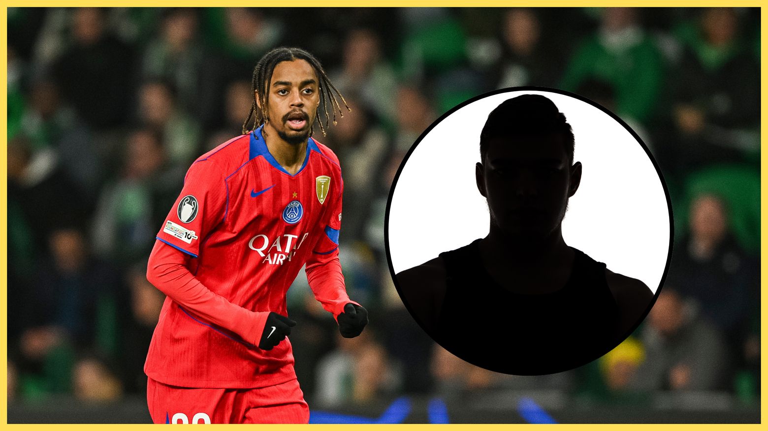 Liverpool target Bradley Barcola runs on the pitch during PSG game next to silhouette.
