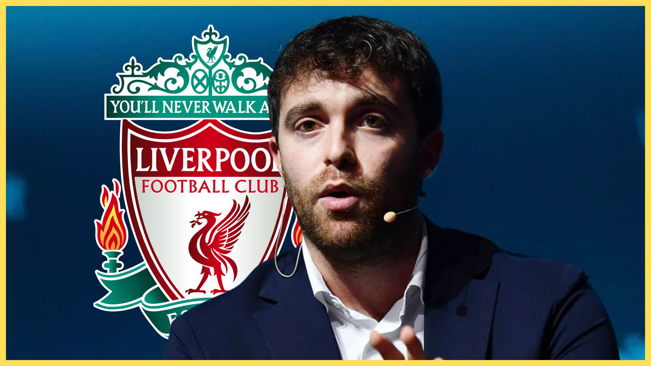 Transfer news expert Fabrizio Romano speaks in front of Liverpool club crest.