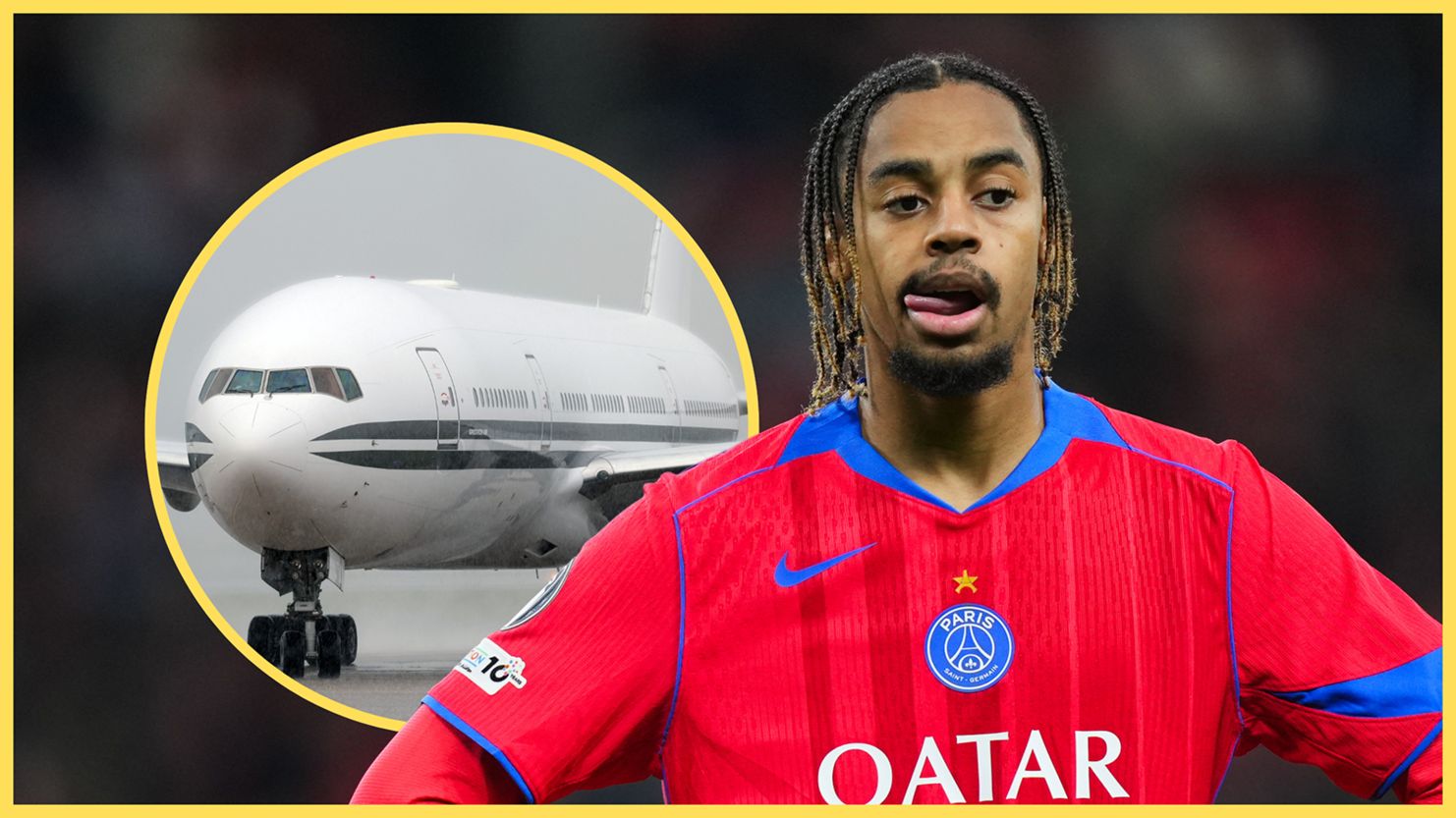 Liverpool transfer target Bradley Barcola licks his lips next to aeroplane.