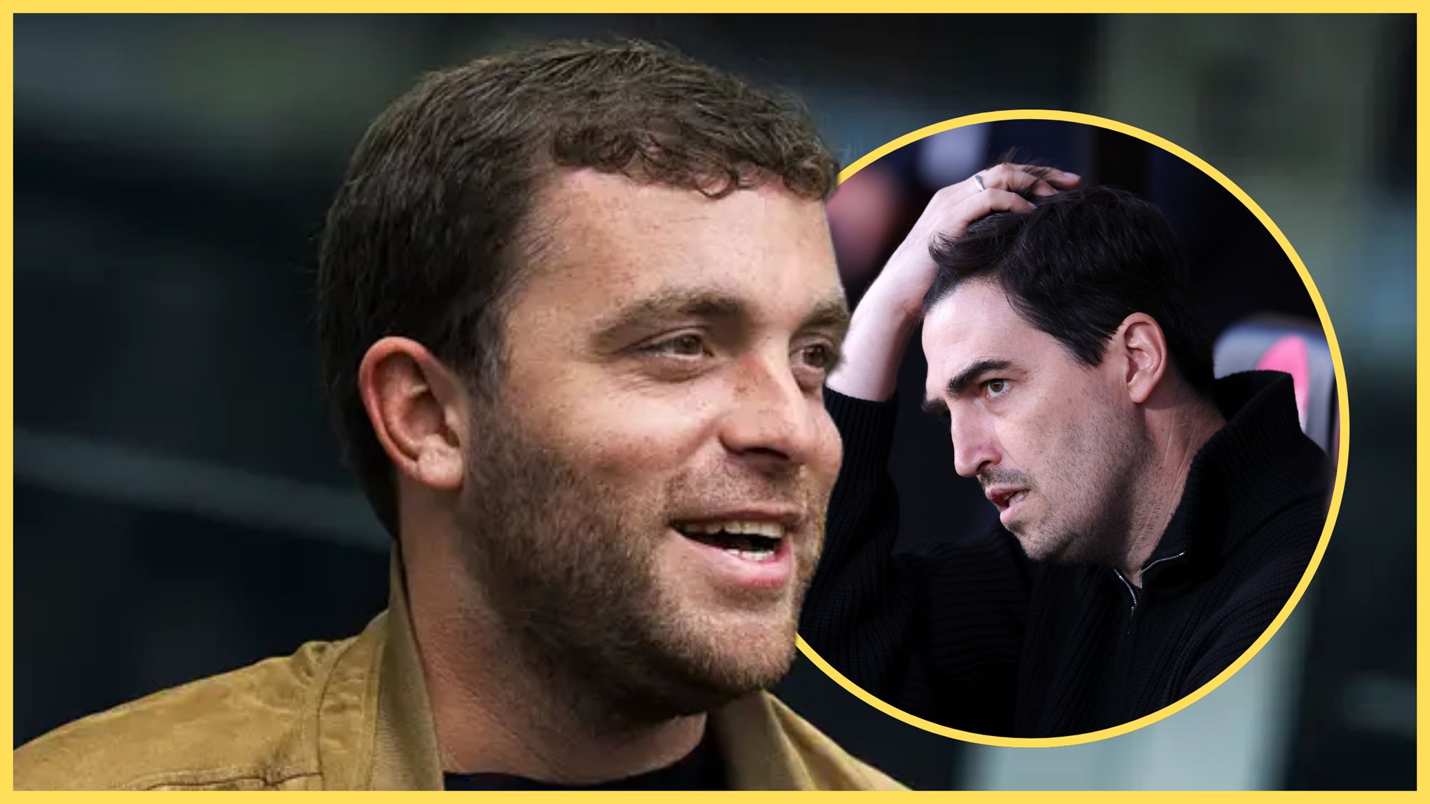 Transfer news expert Fabrizio Romano smiles at stressed Liverpool manager Andoni Iraola.