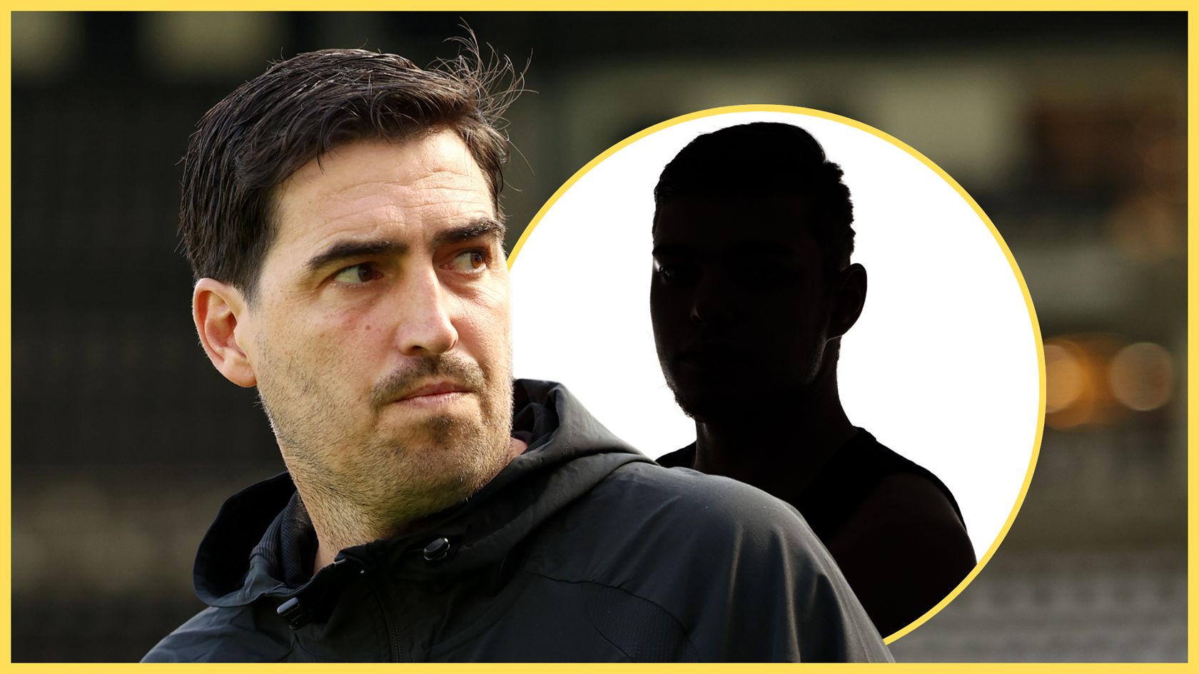 Liverpool manager Andoni Iraola looks over his shoulder at a silhouette.