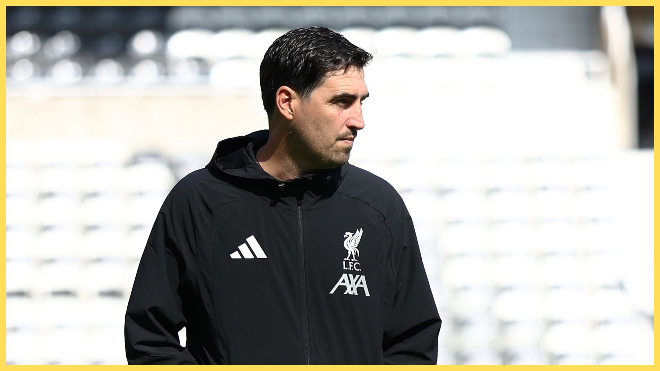Liverpool manager Andoni Iraola looks on ahead of Newcastle game.