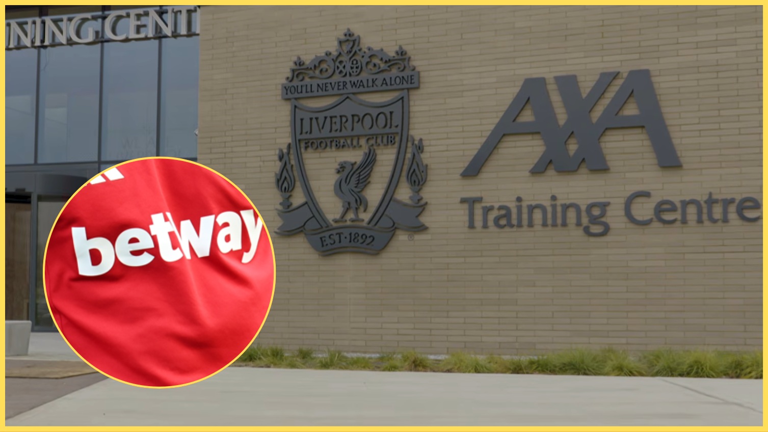A photo of the AXA Training Centre, with a Betway-sponsored shirt inset