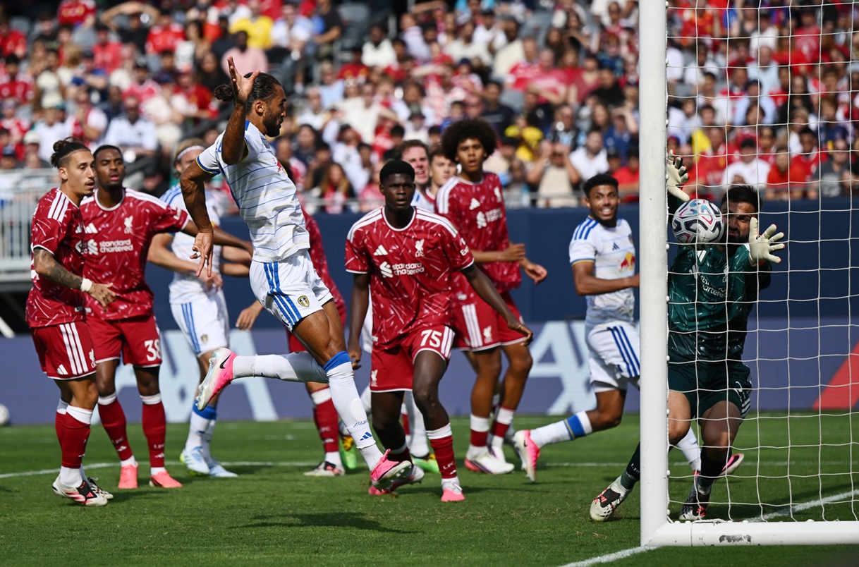 Dominic Calvert-Lewin scores for Leeds in their 4-2 win over Liverpool in Chicago