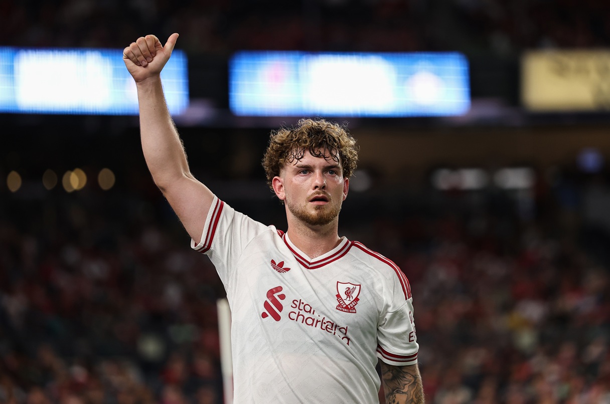 Harvey Elliott gives the thumbs-up as he's substituted