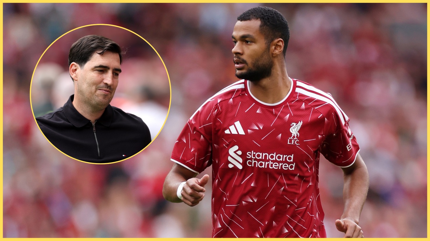 Cody Gakpo in action for Liverpool, with Andoni Iraola inset