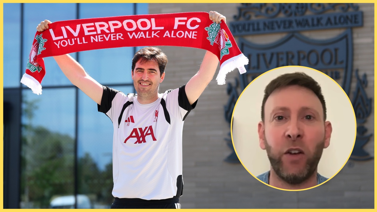 Andoni Iraola holds up a Liverpool scarf, with Ben Jacobs inset