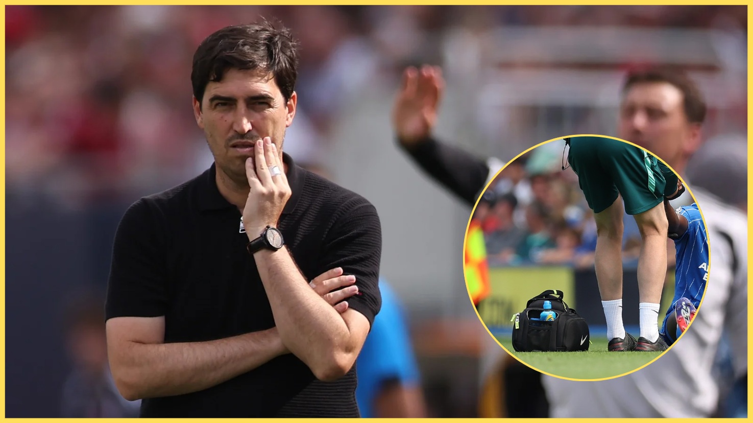 Andoni Iraola wears a concerned expression. Inset, Yankuba Minteh is treated for an injury.