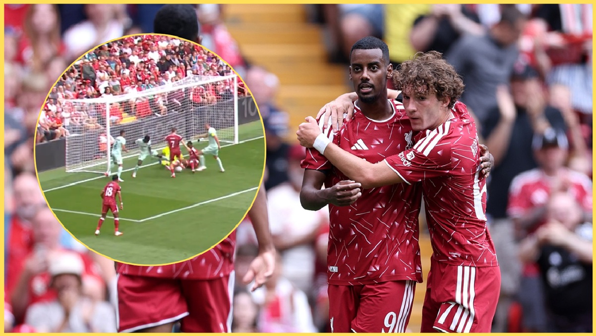 Alexander Isak celebrates scoring for Liverpool against Monaco