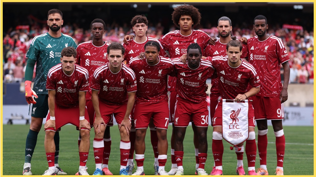 Liverpool players pose for a team photo before their friendly against Leeds