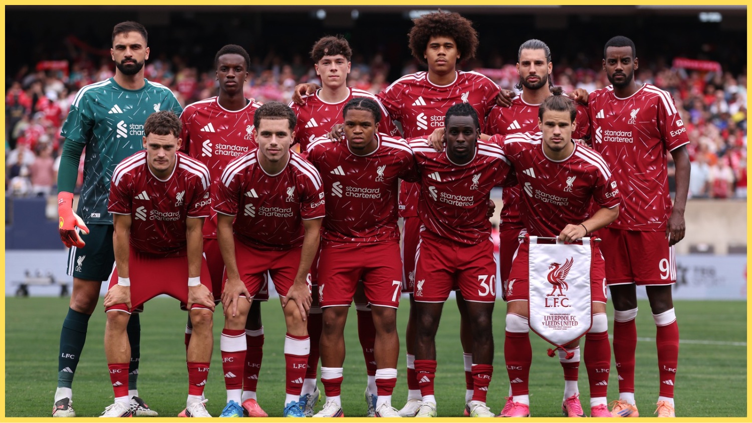 Liverpool players pose for a team photo before their friendly against Leeds