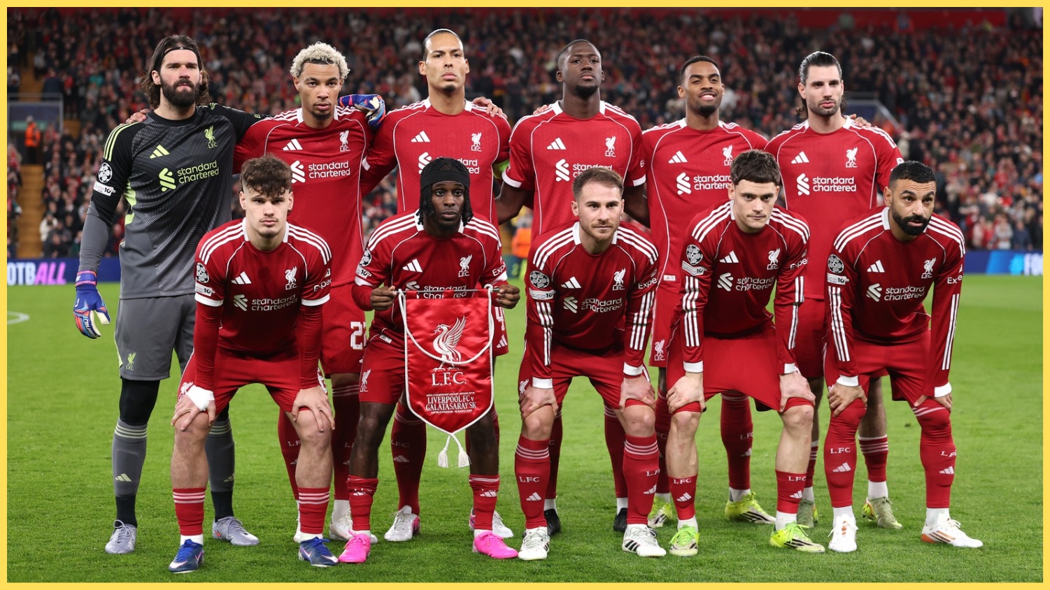 Liverpool players assemble for a team photo before a Champions League fixture
