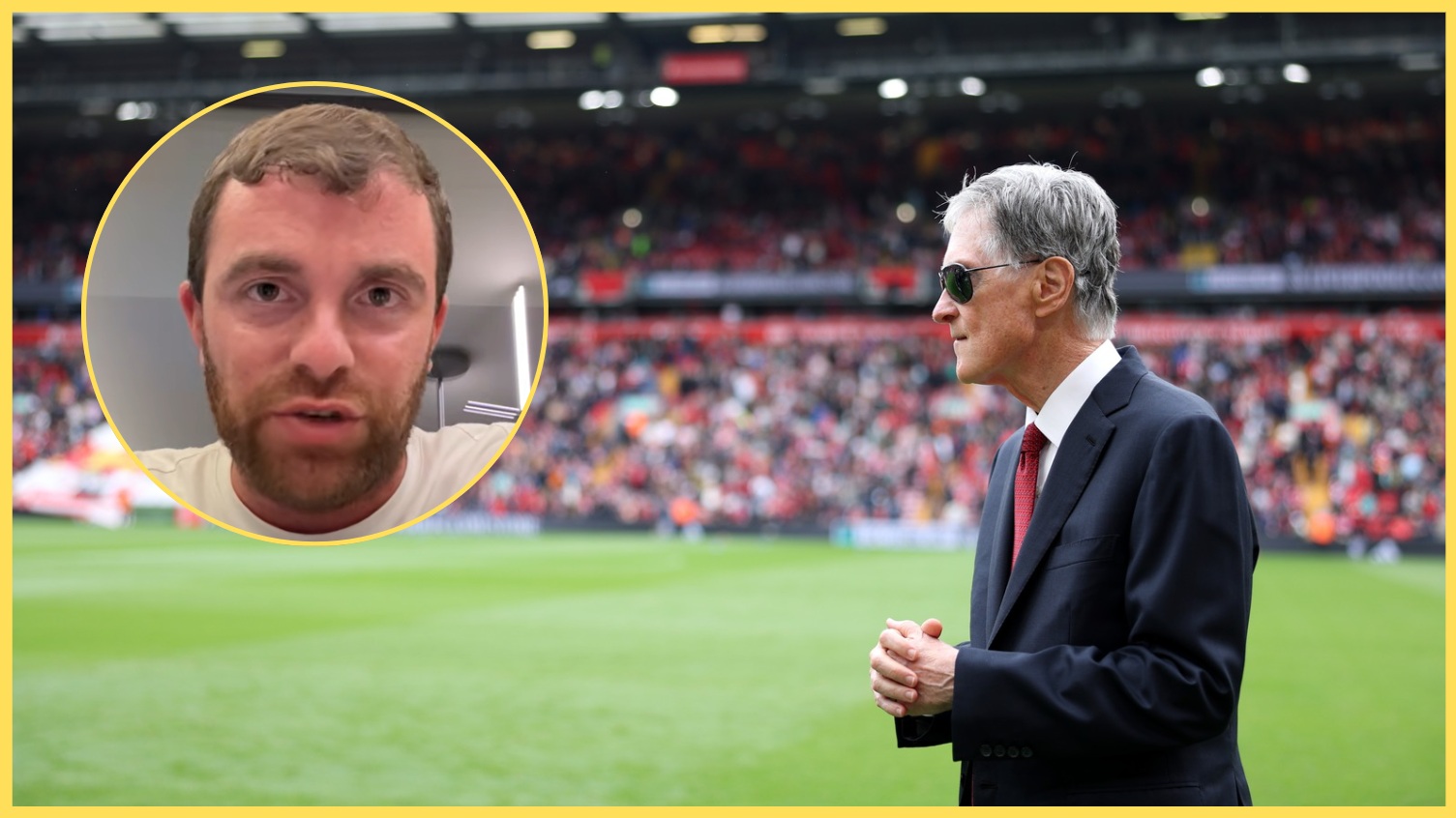 Liverpool owner John Henry at Anfield, with Fabrizio Romano inset