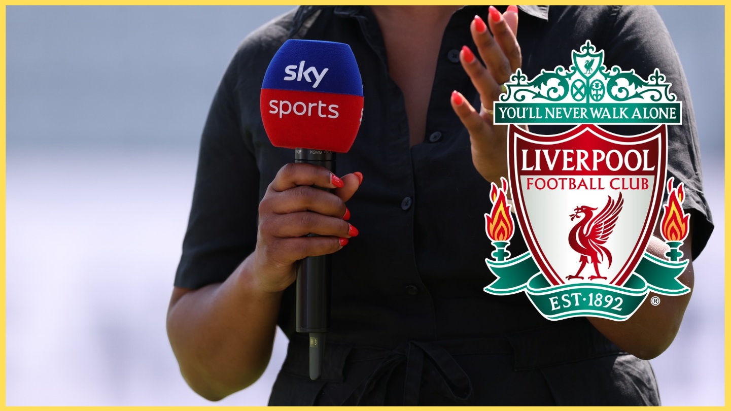 A Sky Sports reporter talks into a microphone, with the Liverpool crest in the foreground