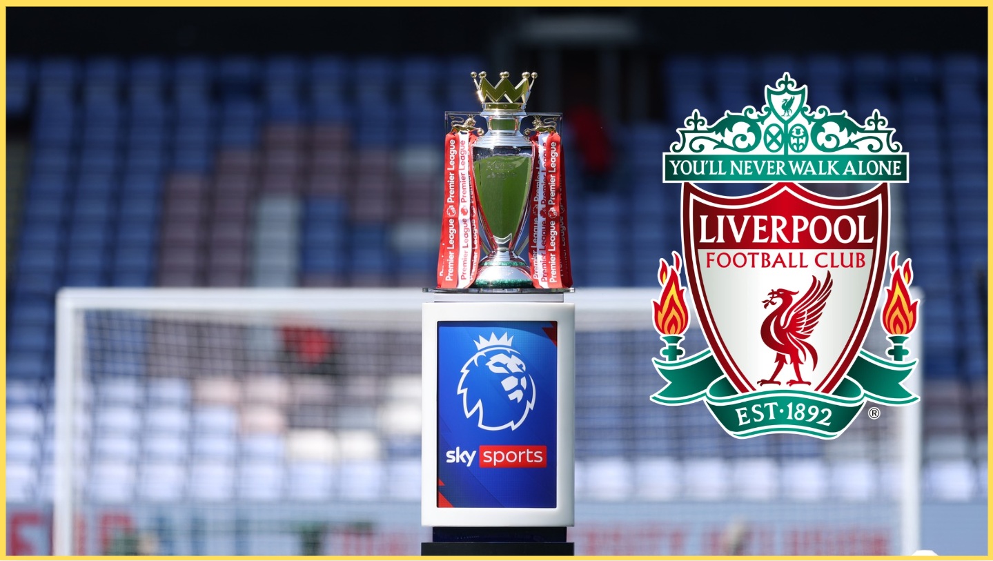 The Premier League trophy sits atop a table with Sky Sports branding